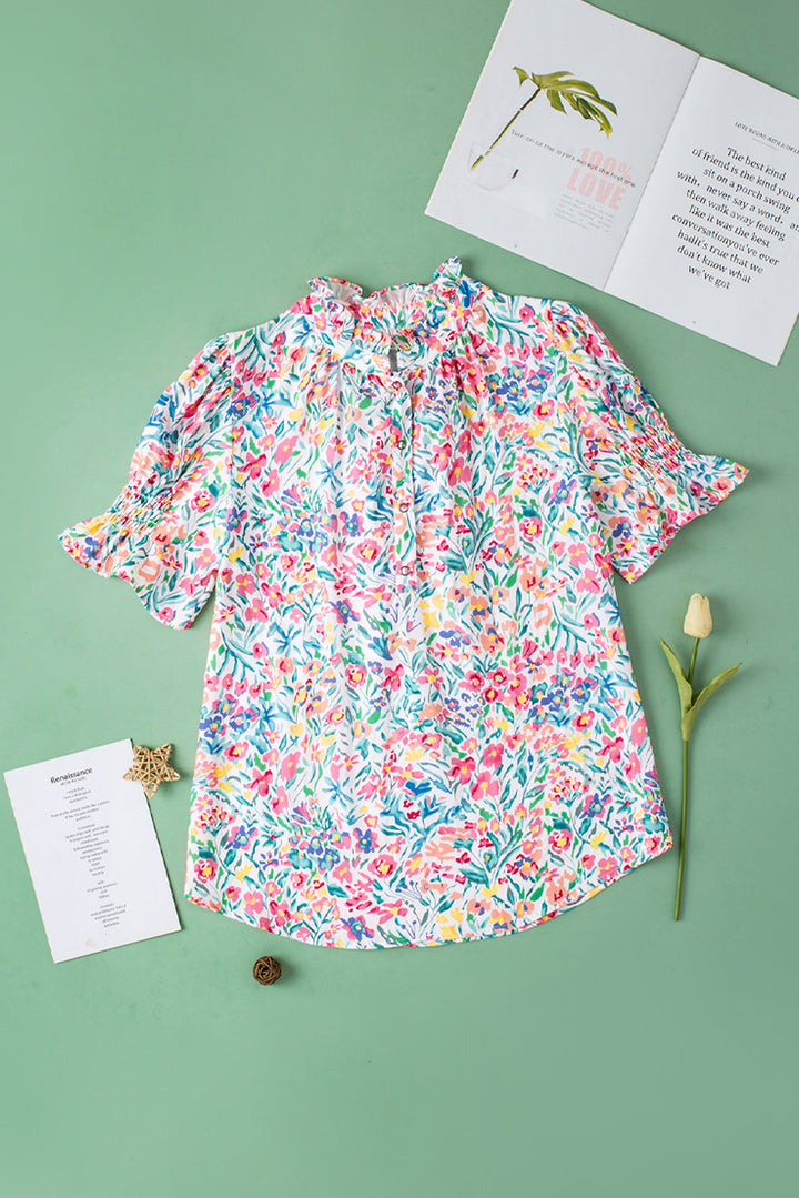 Floral Print Button Split Neck Puff Sleeve Blouse