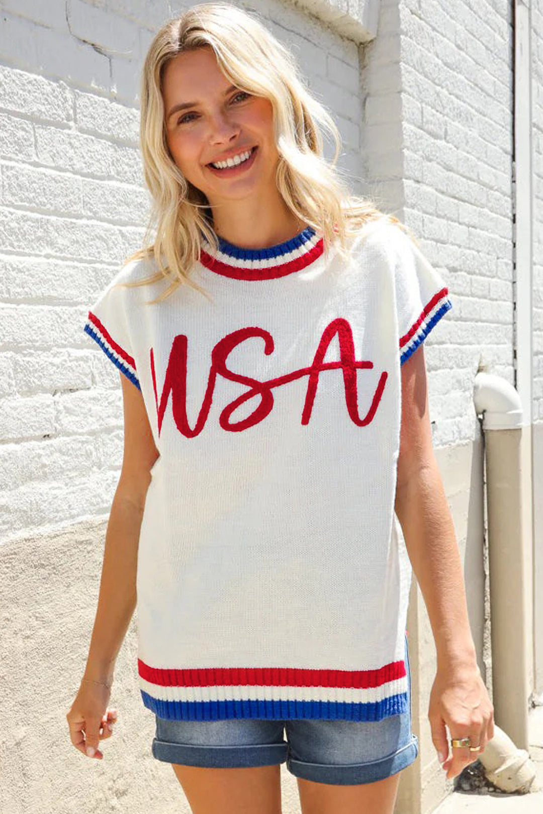 White USA Contrast Striped Trim Round Neck Short Sleeve Sweater