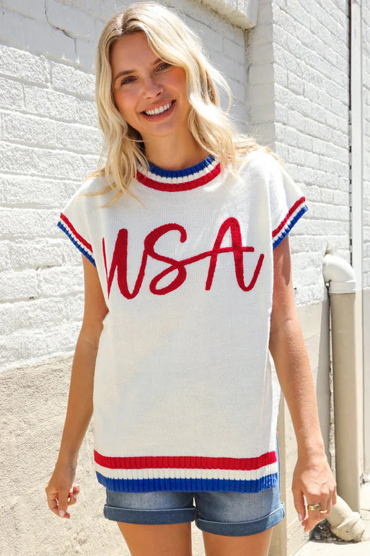 White USA Contrast Striped Trim Round Neck Short Sleeve Sweater