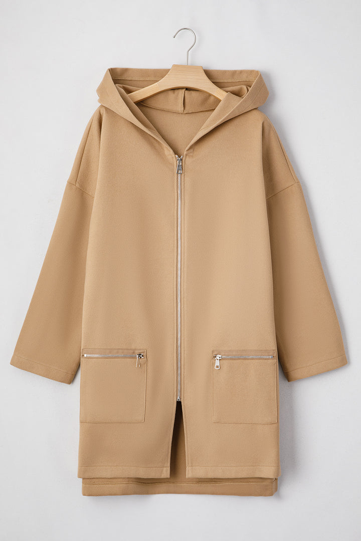 Light French Beige Solid Color Casual Zip up Hooded Coat