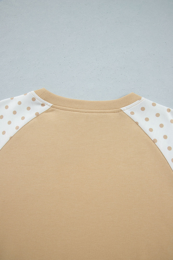 Khaki Polka Dot Patchwork Colorblock Long Sleeve Casual Two Piece Pants Set