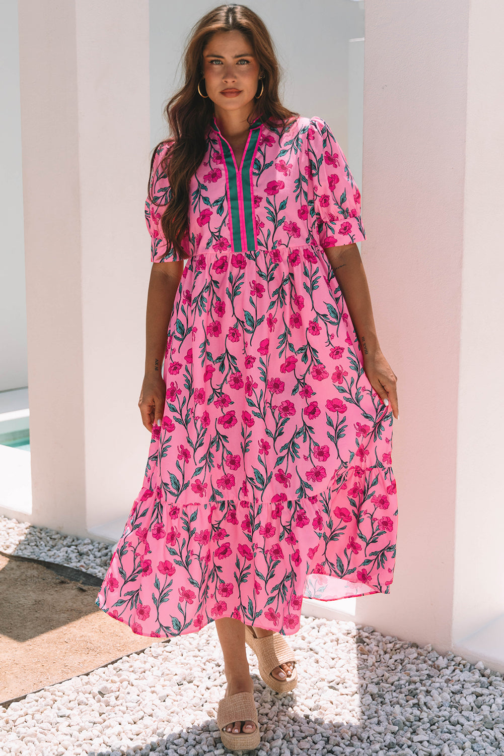Floral Contrast Neckline A-line Puff Sleeve Long Dress