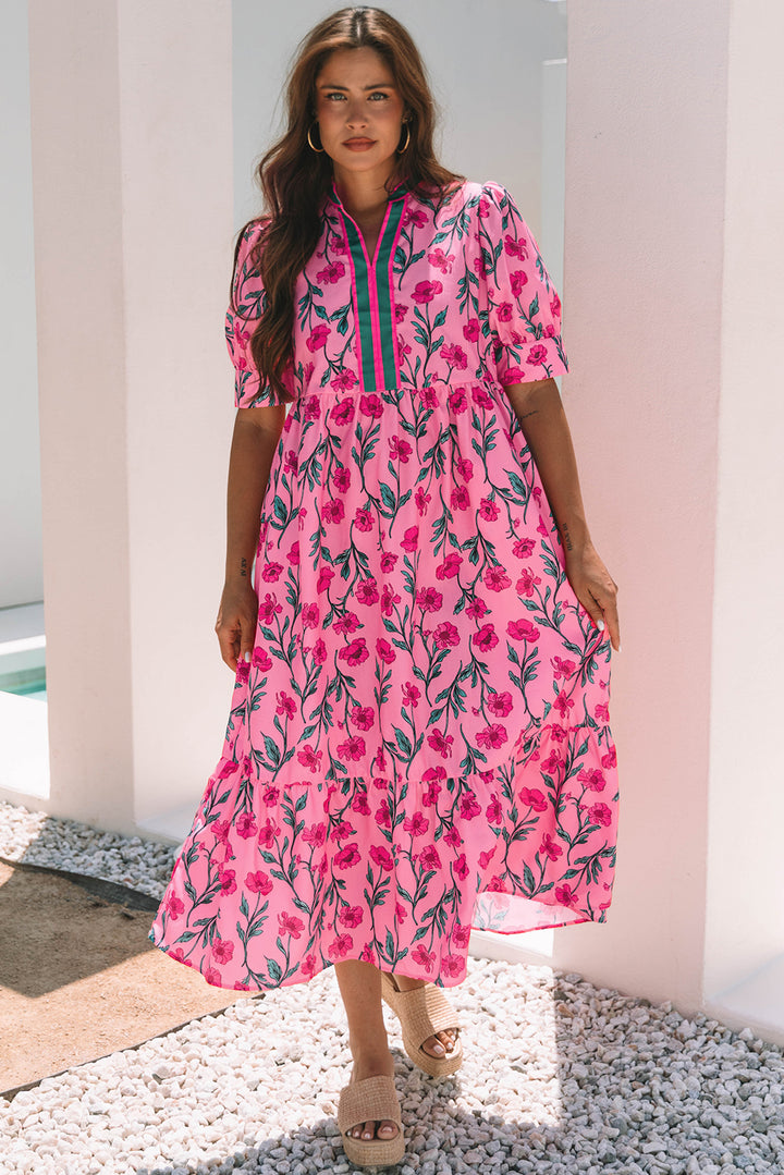 Floral Contrast Neckline A-line Puff Sleeve Long Dress