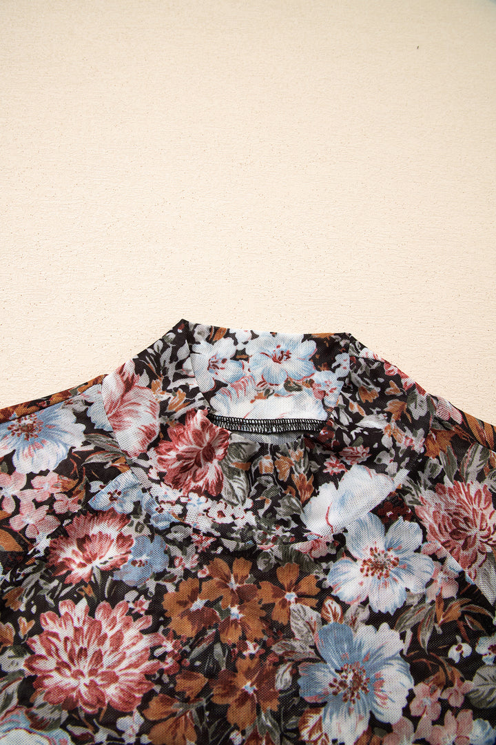 Floral Print High Neck Short Sleeve Mesh Top