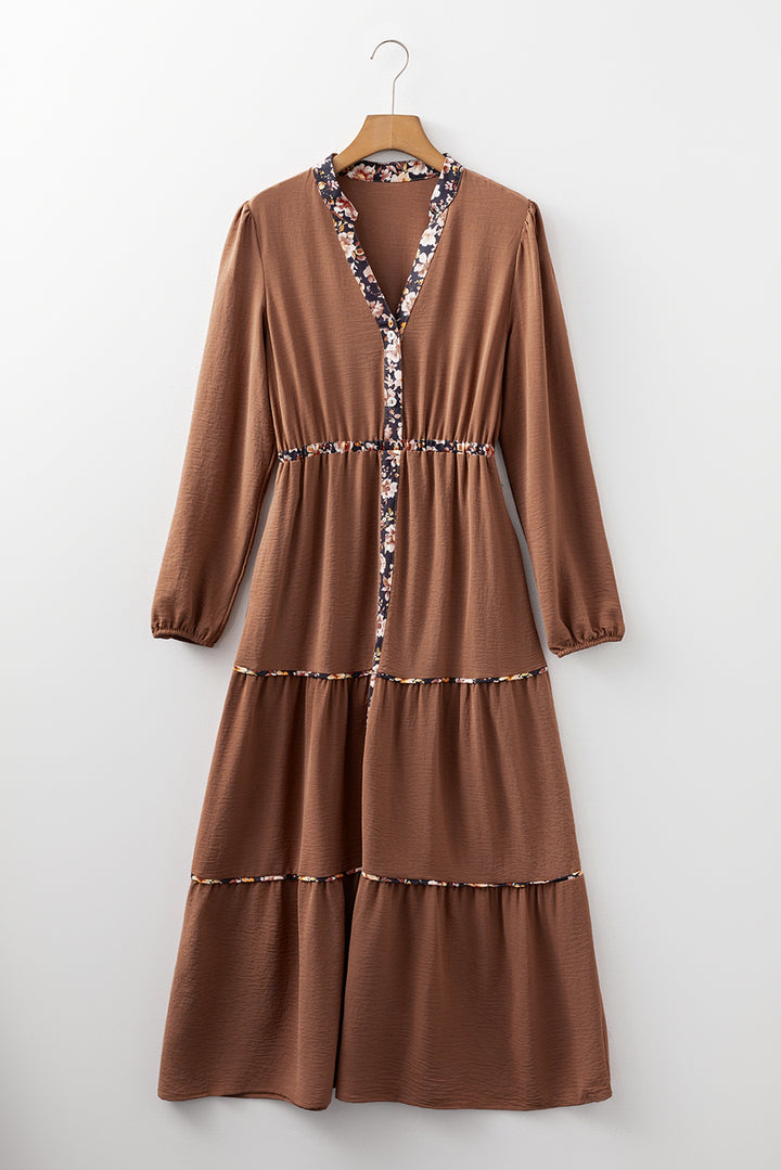 Floral Patchwork Detail Notched Neck Long Sleeve Maxi Dress