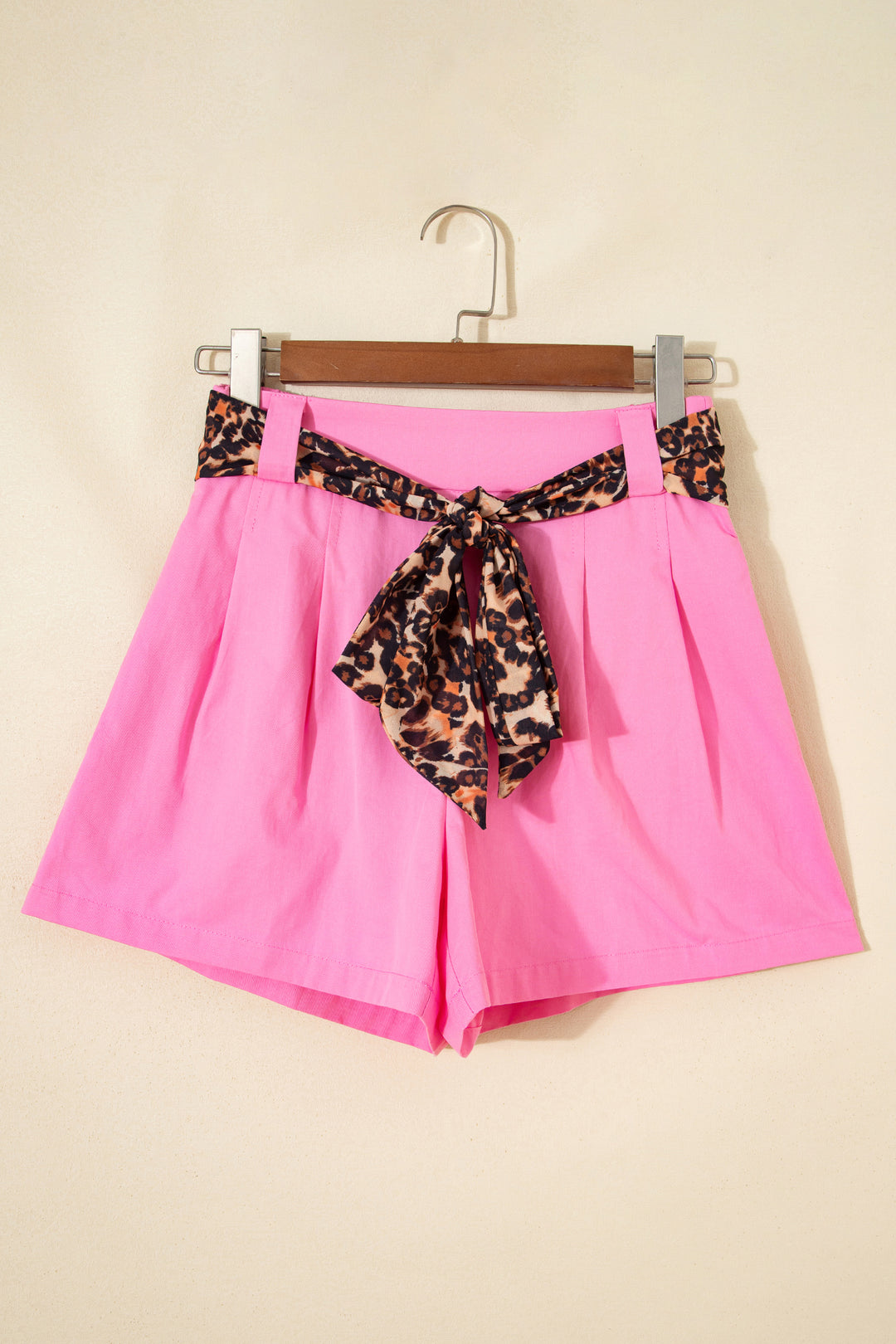 Bright Pink Leopard Contrast Sash Belt Pleated Wide Leg Shorts