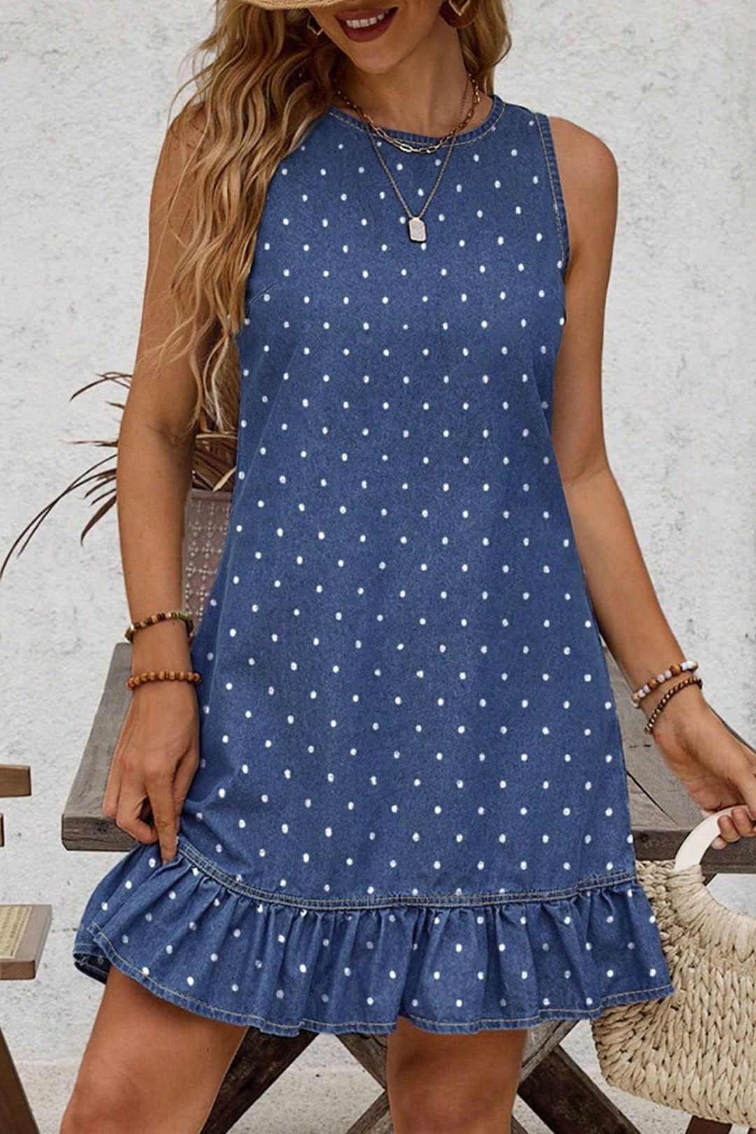 Blue Polka Dot Ruffle Hem Sleeveless Denim Mini Dress