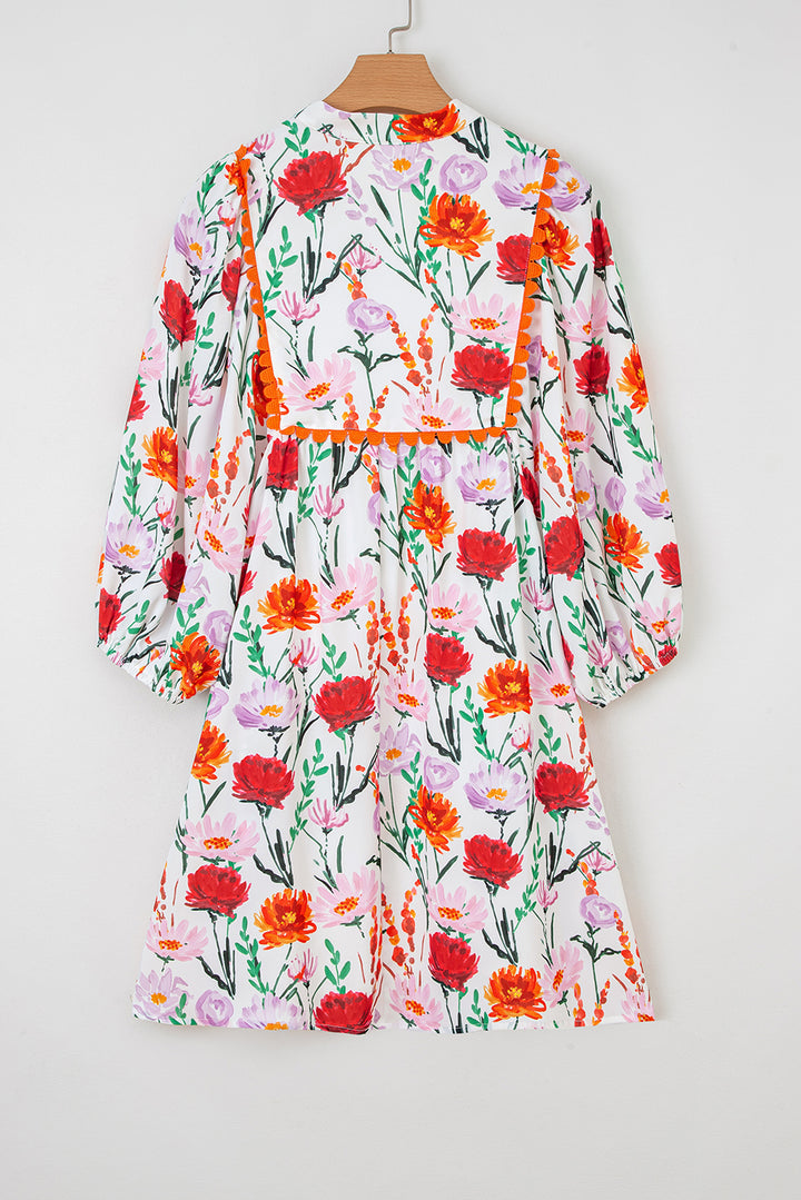 Beige Floral Print 3/4 Puff Sleeve Ricrac Trim Mini Dress