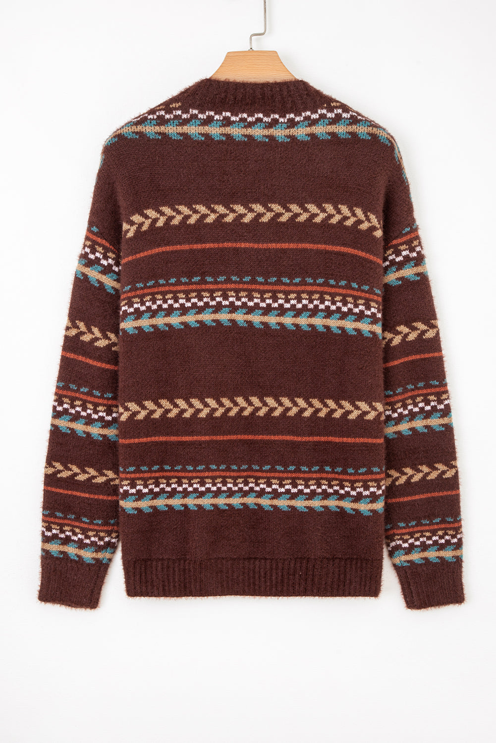 Ethnic Pattern Mohair Knitted Drop Shoulder Sweater