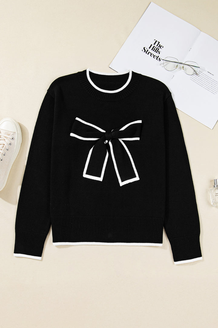 Contrast Trim Big Bow Accent Holiday Cropped Sweater