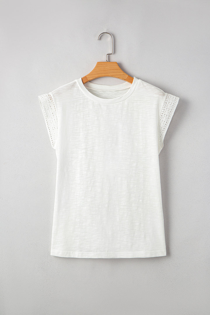 Lace Patchwork Cap Sleeve Round Neck T Shirt