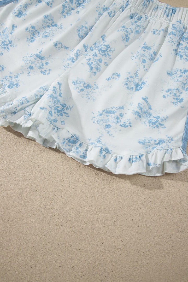 Sky Blue Floral Print Long Sleeve Top Ruffle Hem Shorts 2pcs Set