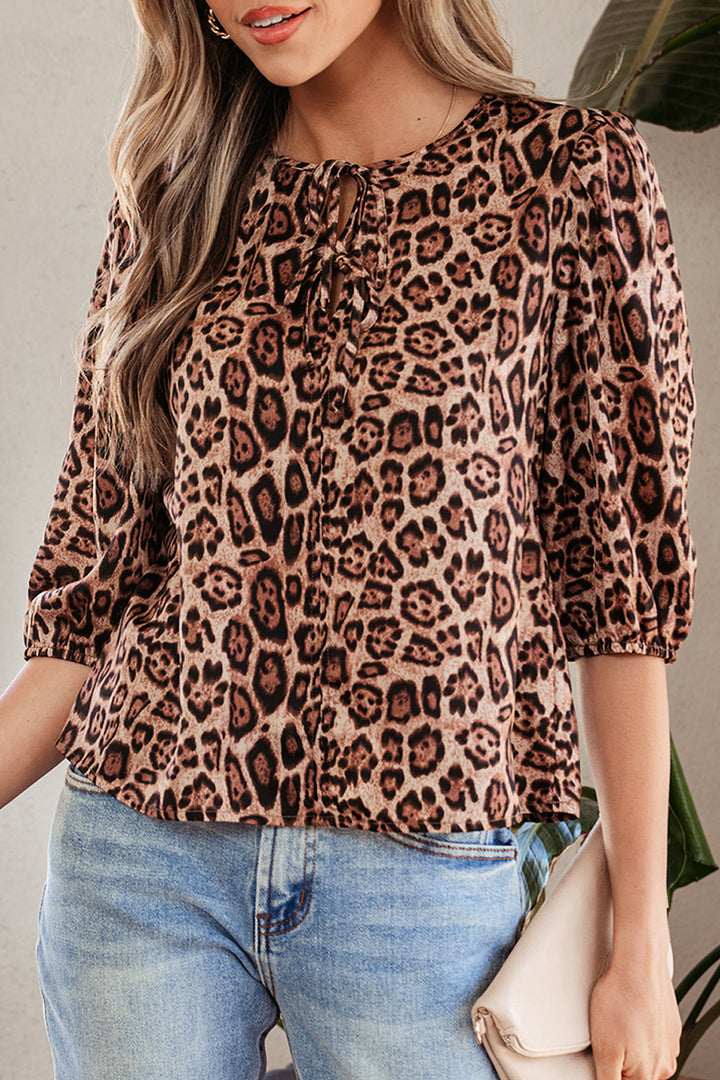 Leopard Bow Tie Puff Sleeve Blouse