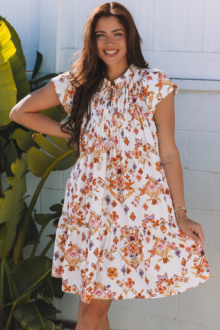 Floral Geometric Print Ruffled Trim Flutter Sleeve Mini Dress