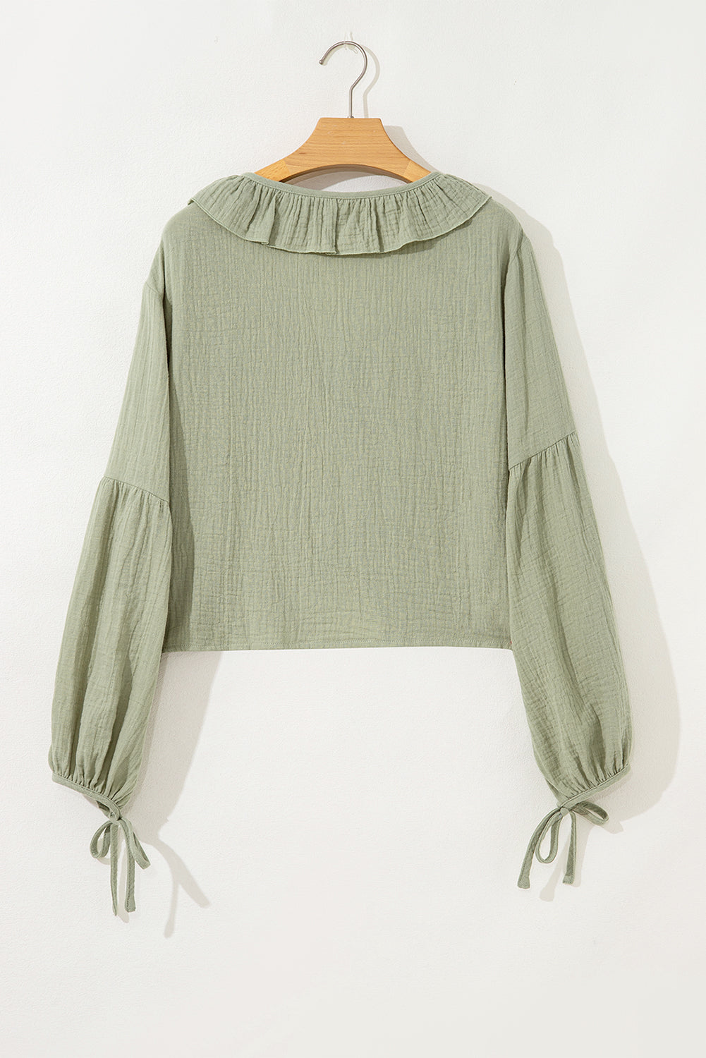 Bow Tie Front Ruffle Trim V Neck Long Sleeve Gauze Blouse
