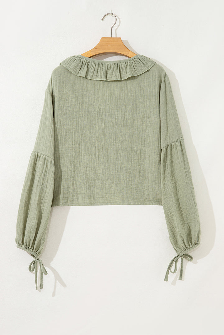 Bow Tie Front Ruffle Trim V Neck Long Sleeve Gauze Blouse