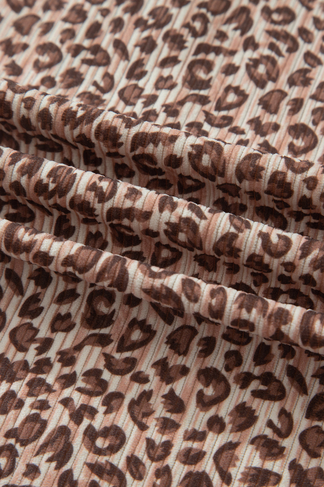 Brown Leopard Print Ribbed Patchwork Half Button Loose Tee Elastic Waist Short 2pcs Set