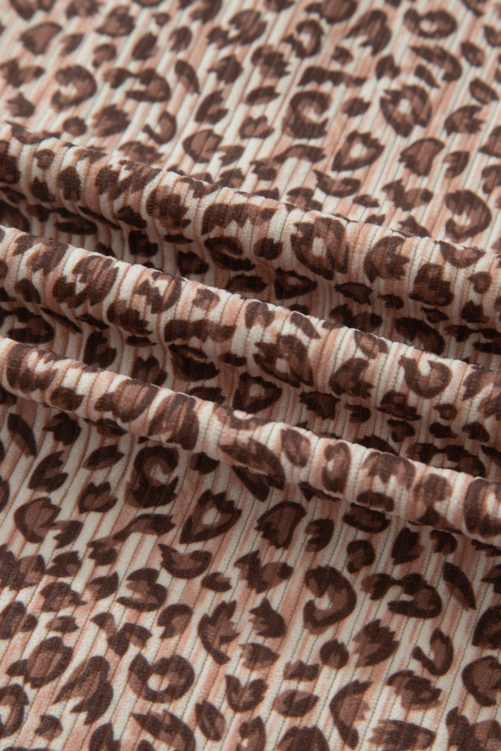 Brown Leopard Print Ribbed Patchwork Half Button Loose Tee Elastic Waist Short 2pcs Set
