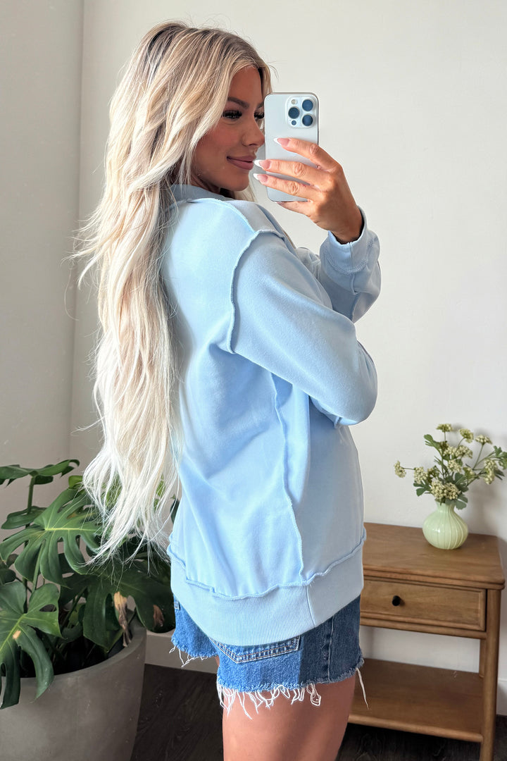 Mist Blue Jesus Saves Slogan Print Stand Neck Baggy Sweatshirt