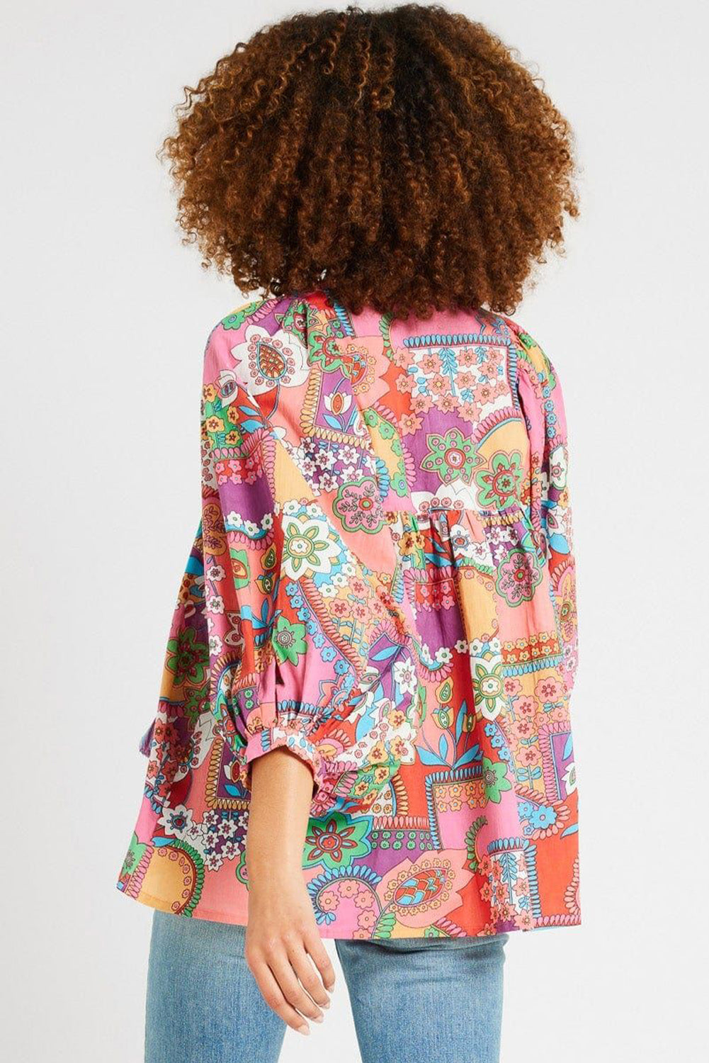 Boho Floral Bubble Sleeve Tassel Tied Neck Pleated Blouse