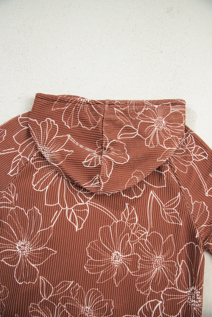 Floral Twisted Rib Drawstring Kangaroo Pocket Hoodie