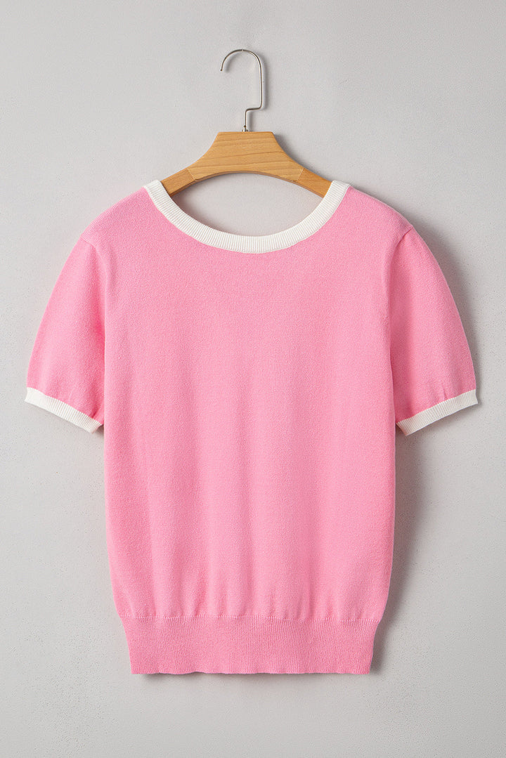 colorblock bow v shape cut back short sleeve sweater