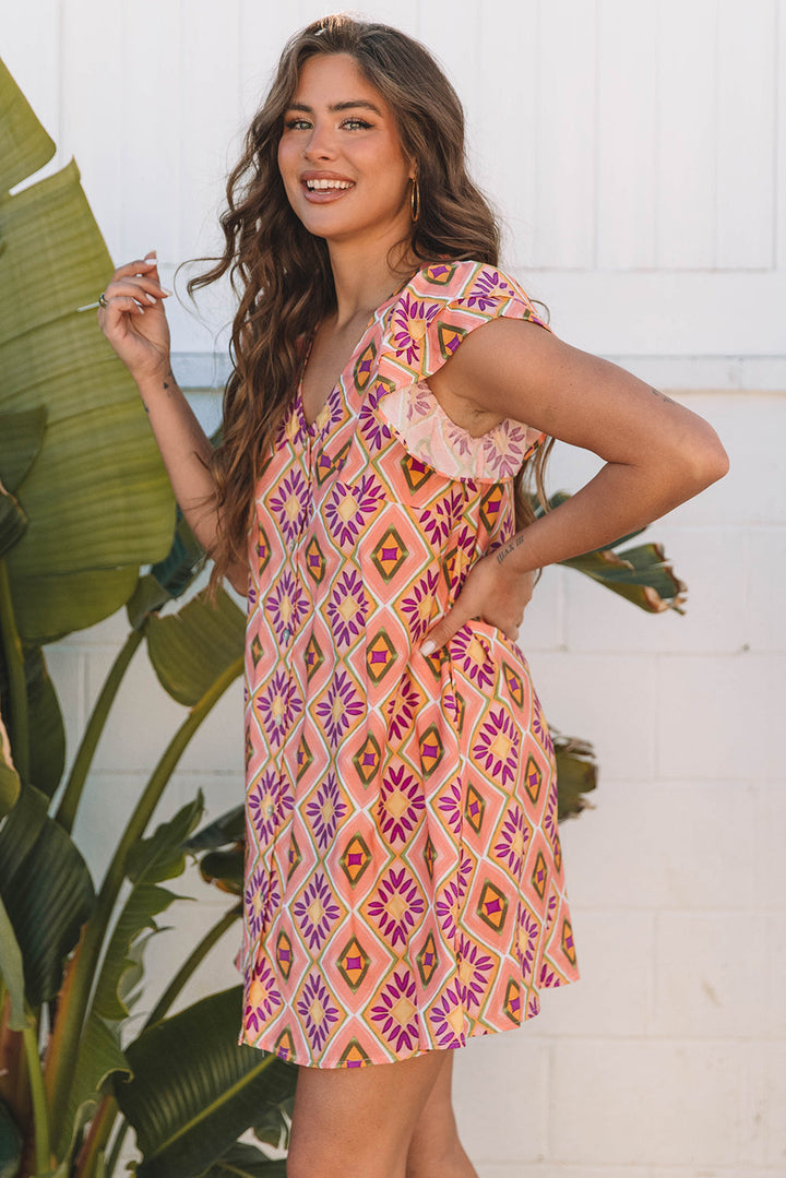 Geometric Floral V Neck Buttoned Ruffled Sleeve Mini Dress