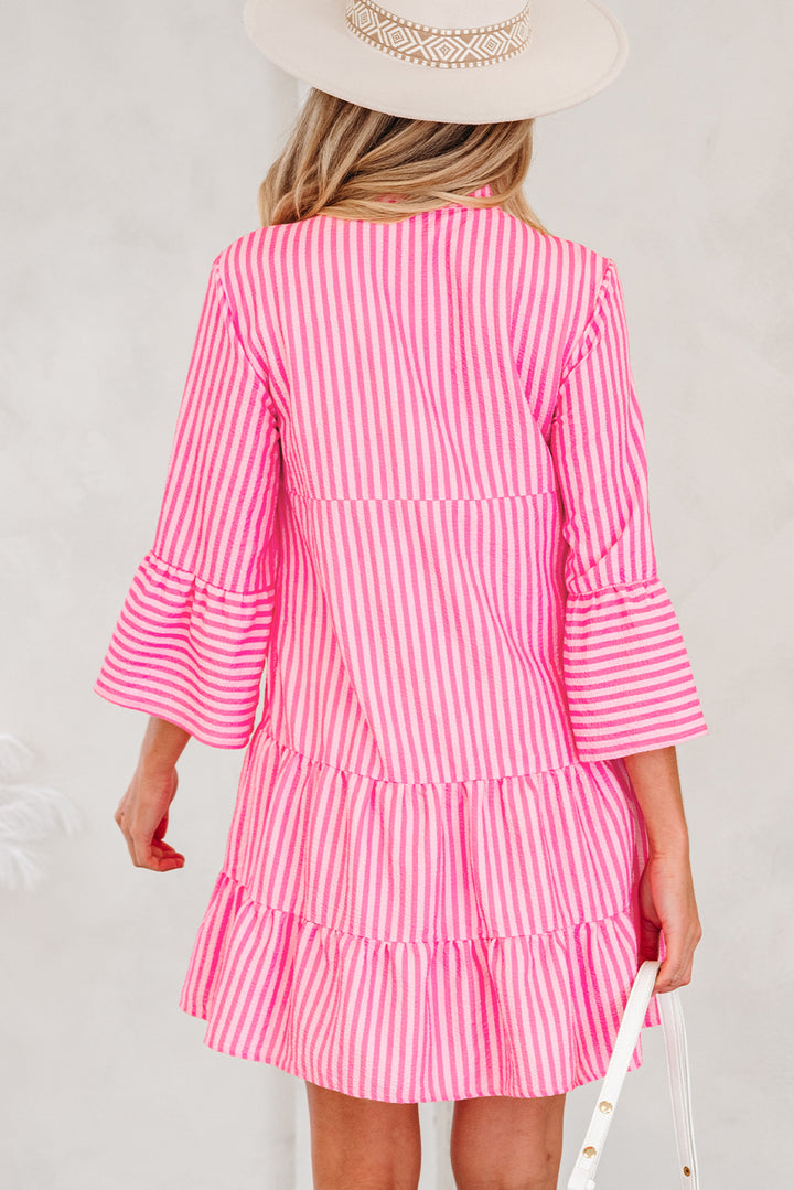 Flare Sleeve Half Placket Tiered Flowy Mini Dress