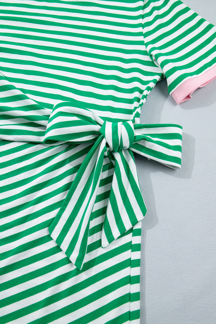 Green Stripe Nautical Tie Contrast Trim Round Neck T Shirt Mini Dress