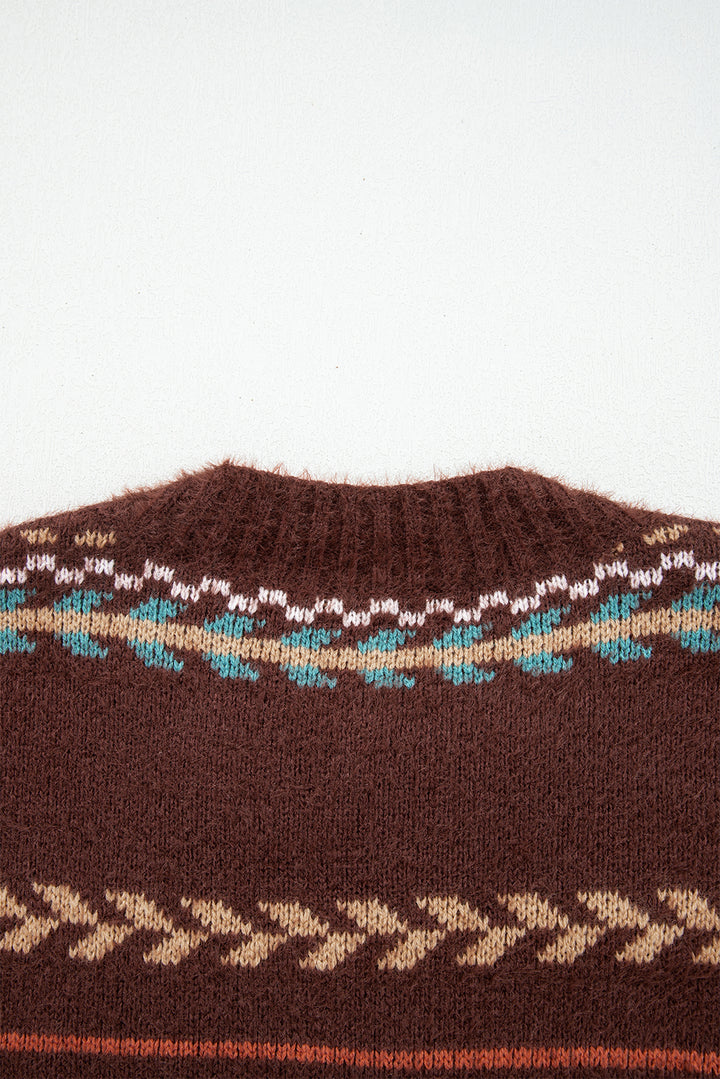 Ethnic Pattern Mohair Knitted Drop Shoulder Sweater