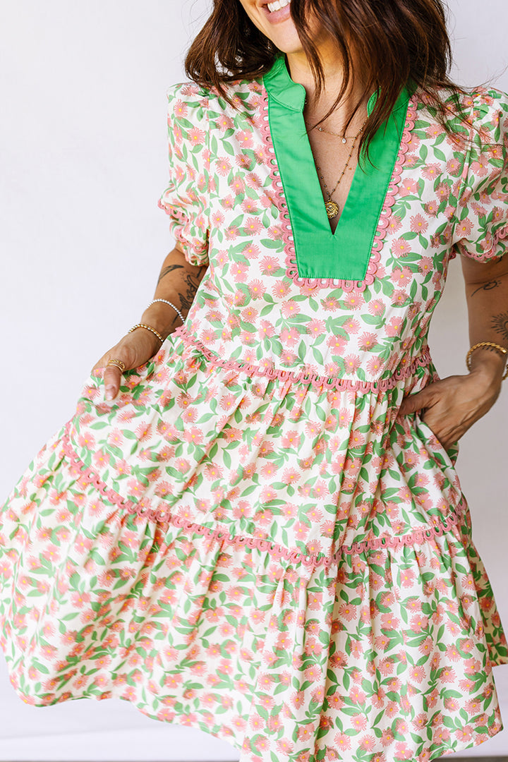 Contrast Neckline Ricrac Trim Floral Short Puff Sleeve Dress