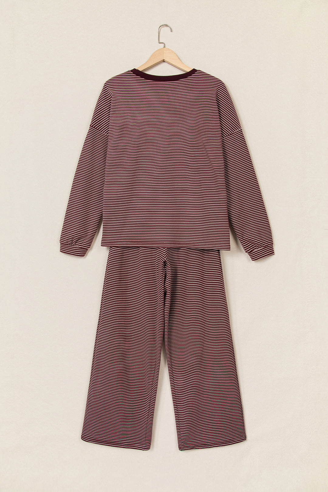 Brown Stripe Contrast Trim Round Neck Oversize Long Sleeve Top 2pcs Pant Set