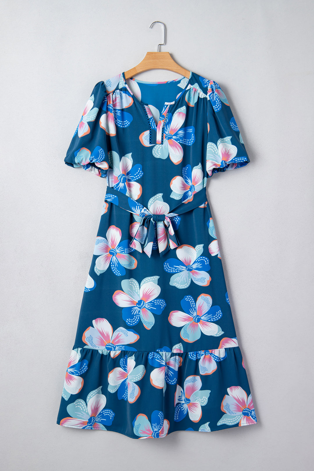 Floral Print Short Puff Sleeve Ruffle Hem Belted Long Dress
