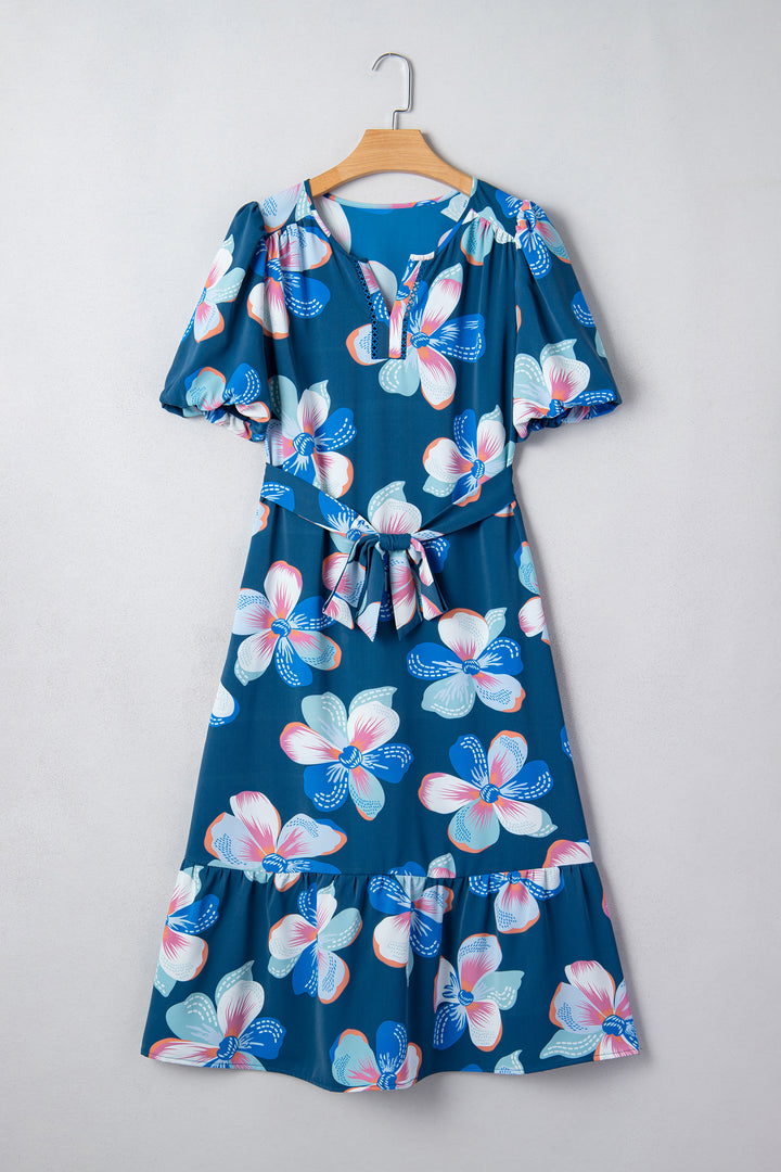 Floral Print Short Puff Sleeve Ruffle Hem Belted Long Dress
