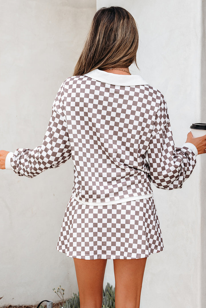Khaki Checkered Print Polo Collar Cropped Top Drawstring Mini Skirt Set