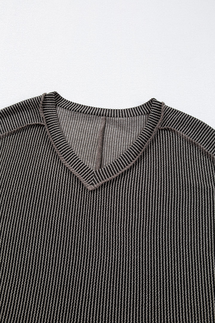 Casual Carbon Grey Corded V Neck Plus Size T Shirt Dress with Pockets
