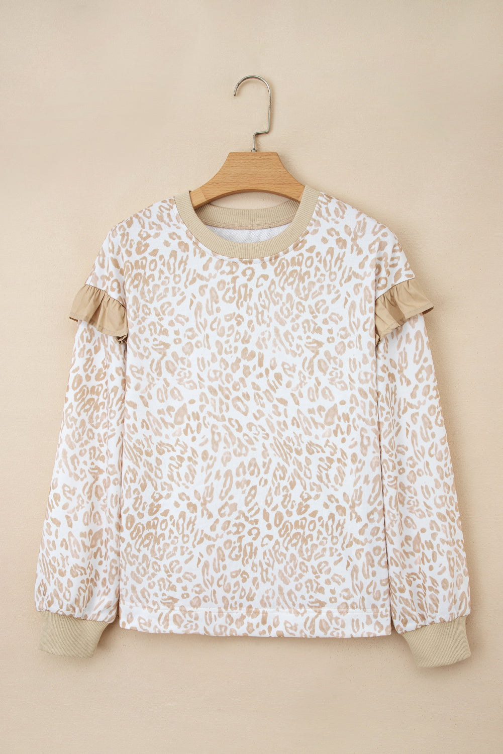 Leopard Ruffle Detail Ribbed Trim Round Neck Sweatshirt