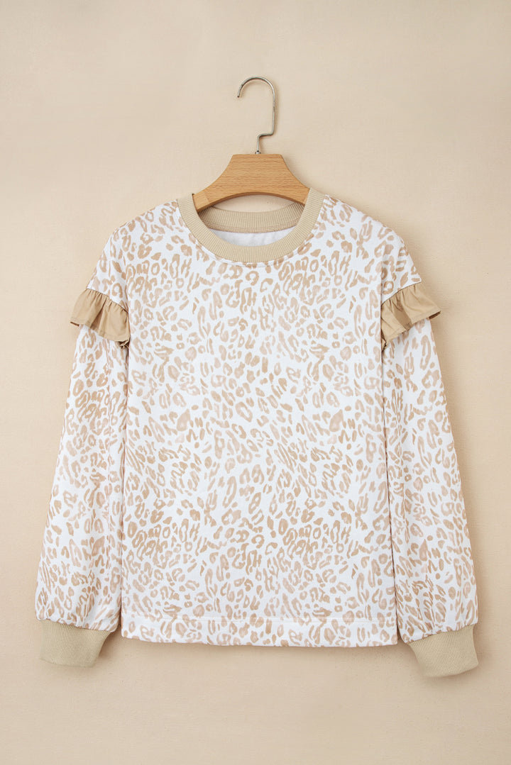 Leopard Ruffle Detail Ribbed Trim Round Neck Sweatshirt