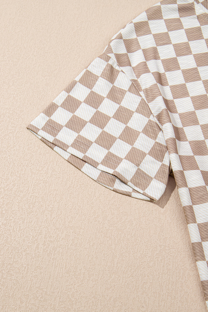 Brown Checkerboard T Shirt and High Waist Skorts 2 Piece Outfit