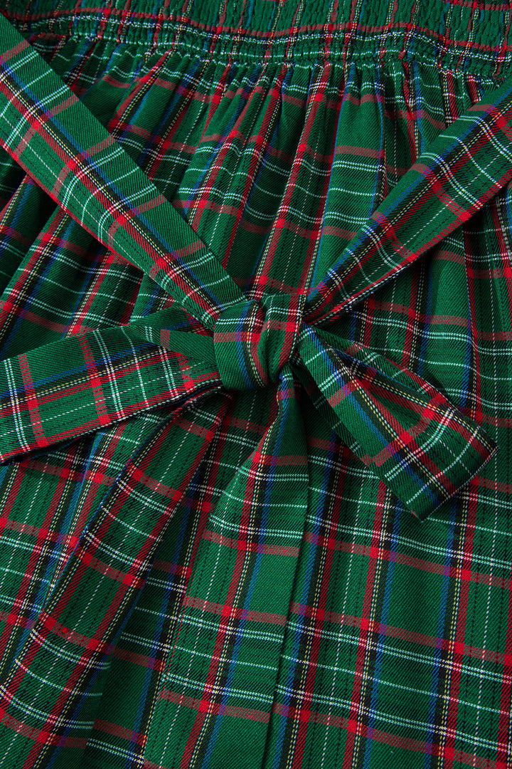 Green Tartan Plaid Square Neck Knot Waist Flared Midi Dress