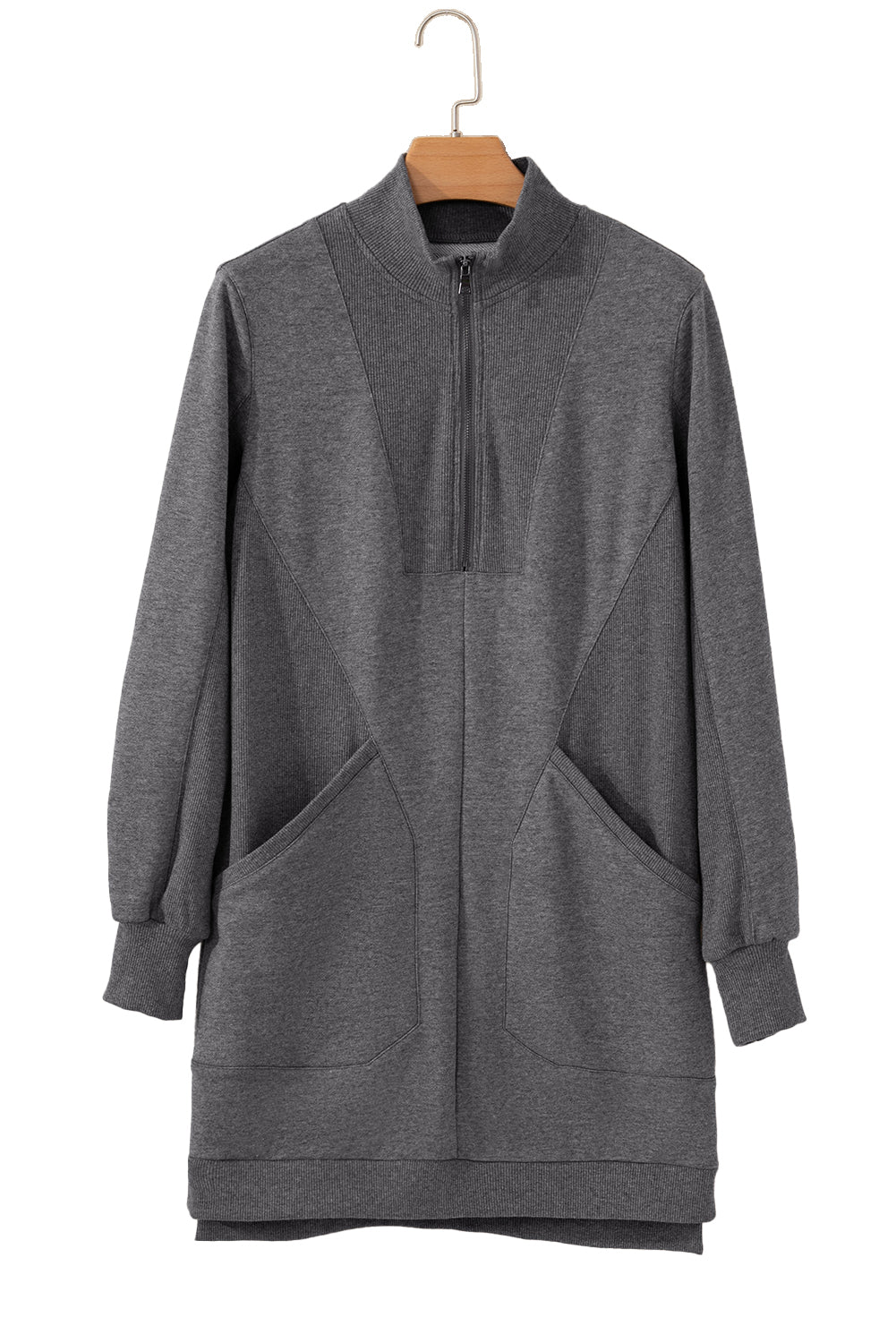 Zip up Collared Ribbed Patchwork Sweatshirt Dress with Pockets