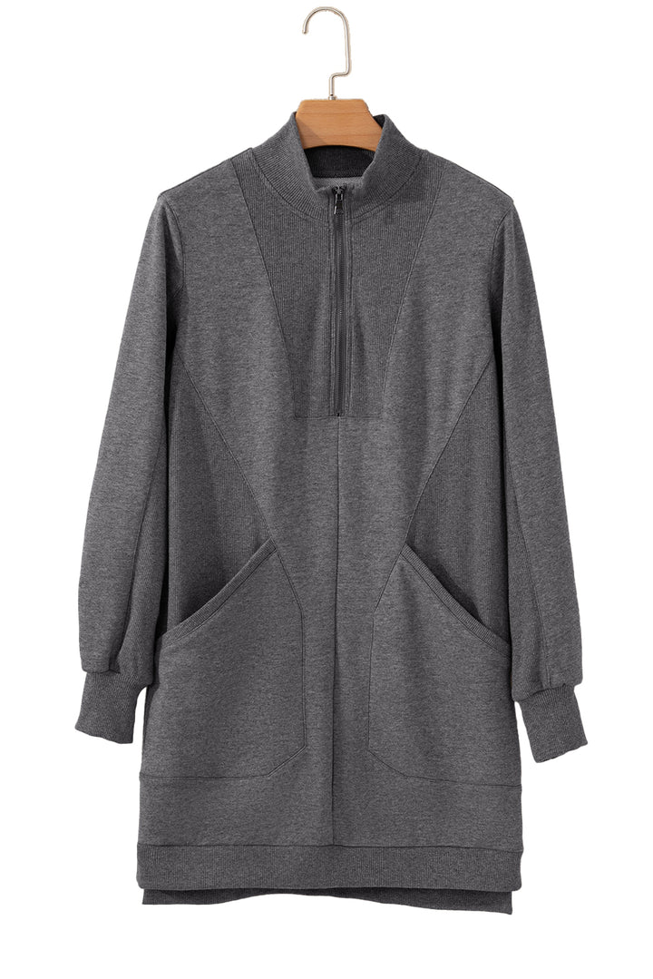 Zip up Collared Ribbed Patchwork Sweatshirt Dress with Pockets