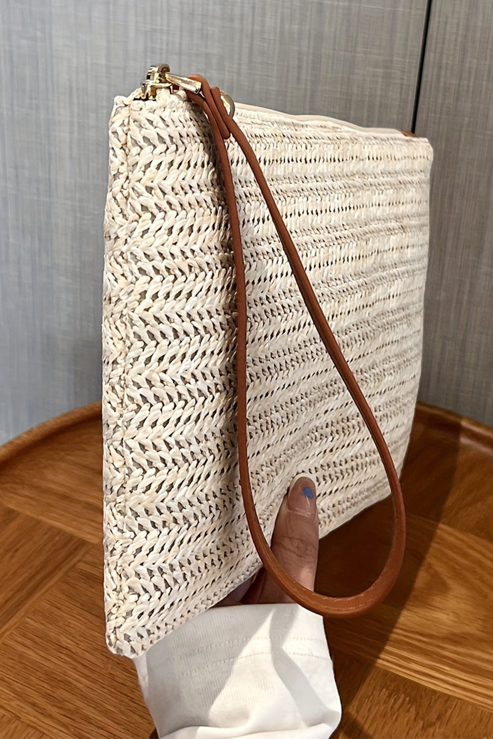 Straw Woven Wrist Strap Zipper Large Wallet