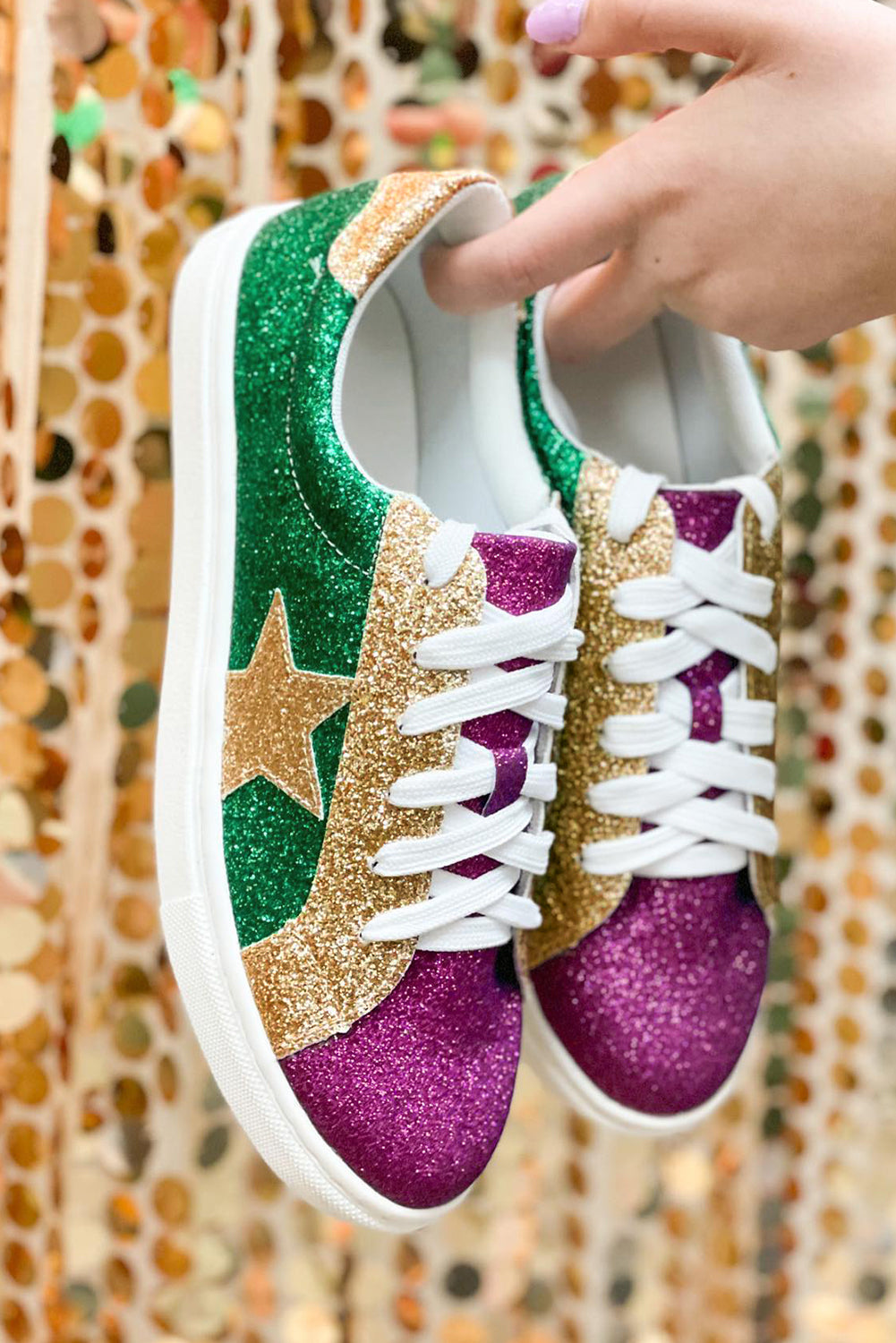 Mardi Gras – Flache Schnürschuhe mit dreifarbigen Pailletten