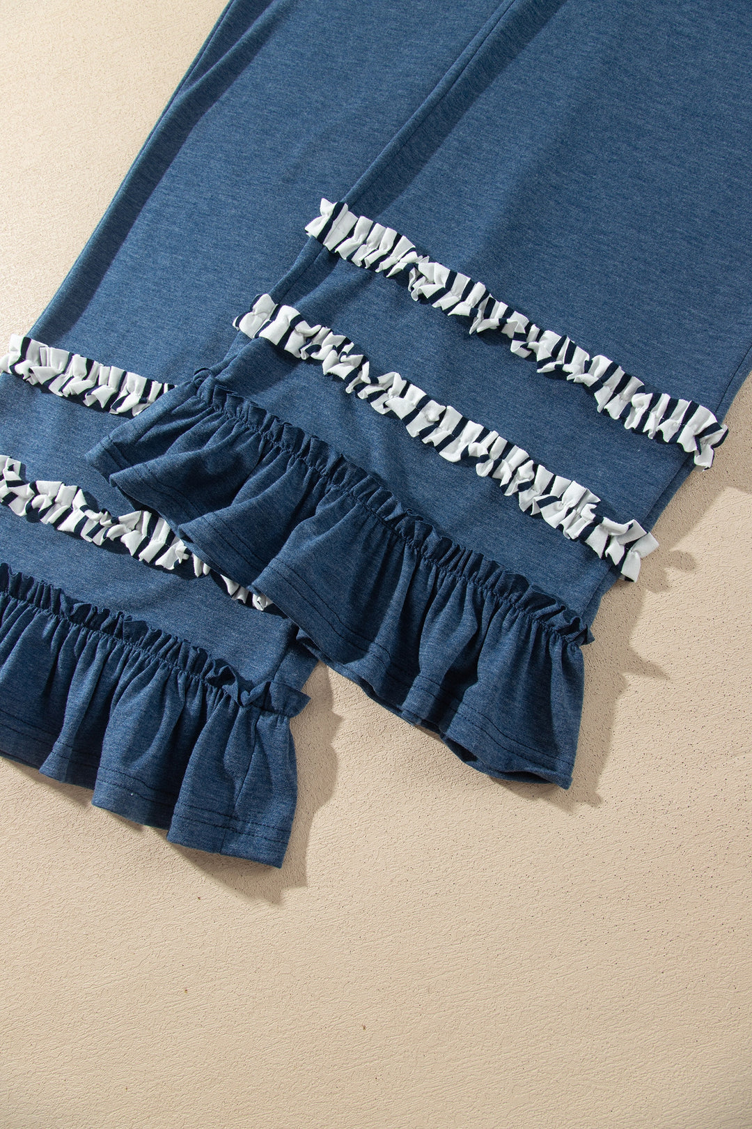 Blue Stripe V Neck Ruffle Contrast Sleeve Top Drawstring Pants 2pcs Set