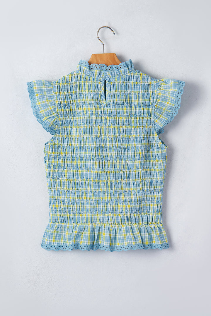Multicolour Gingham Smoked Lace Trim Tank Top