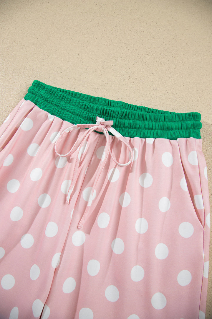 Pink Polka Dot Contrast Trim Long Sleeve Top Drawstring Shift Pants Set