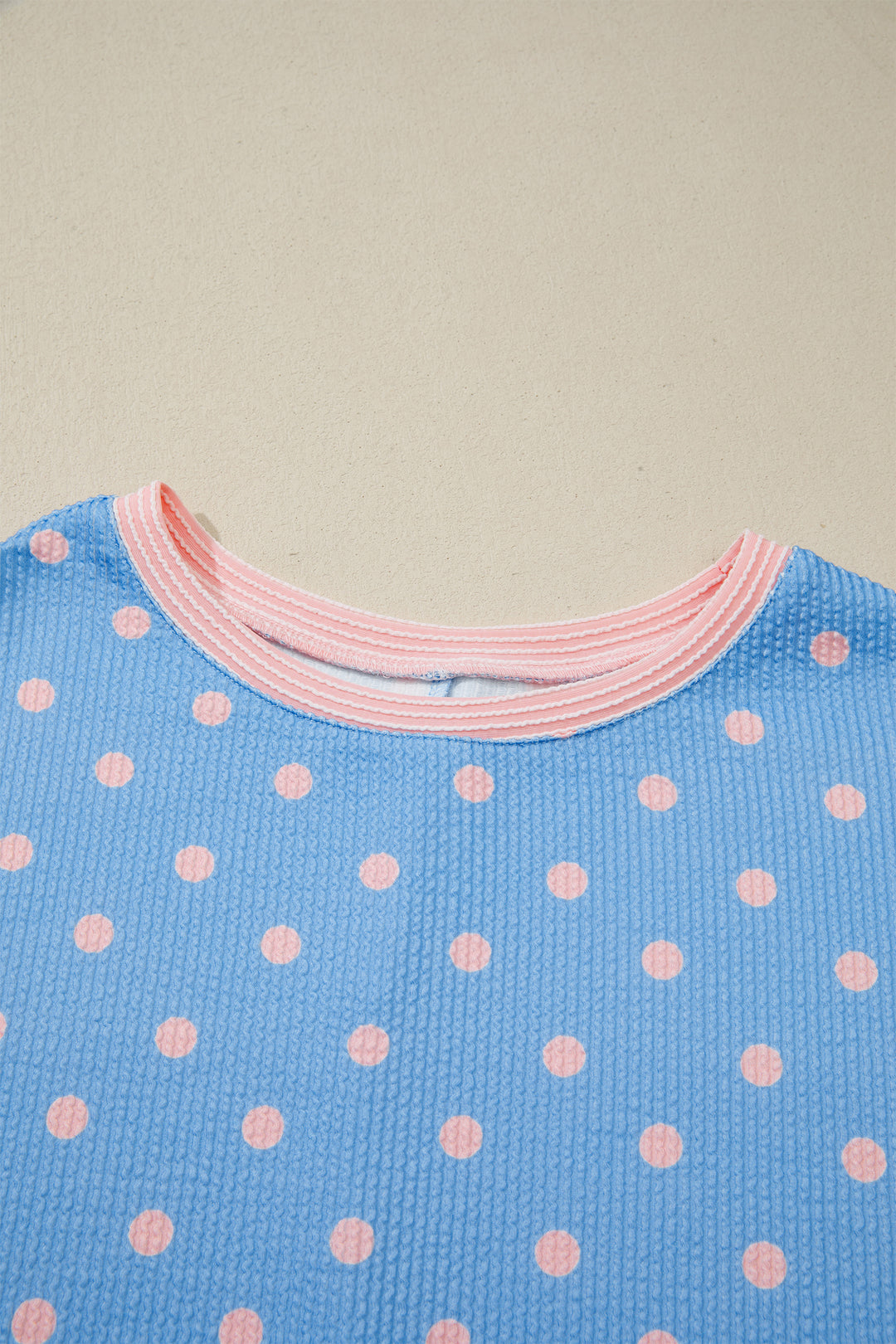 Sky Blue Raised Rib Polka Dot Print Cuffed Short Sleeve Top