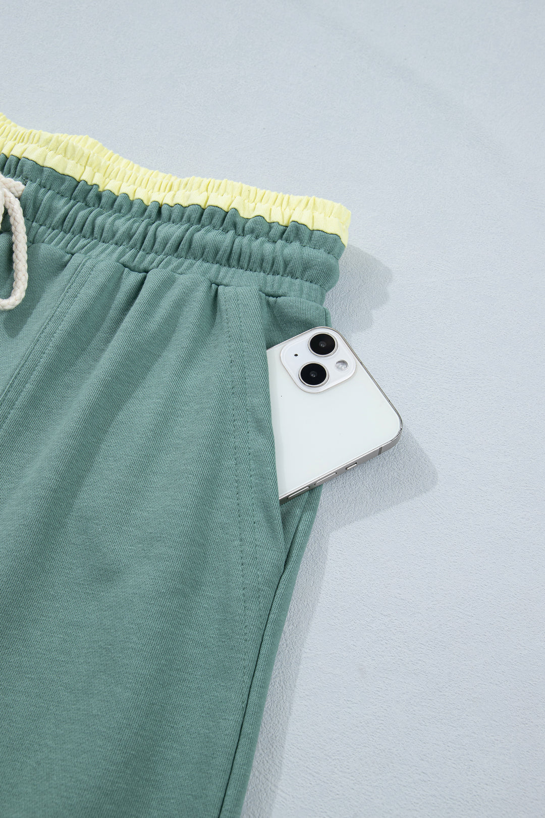 Sea Green Color Block Flower Patchwork Drawstring Contrasted Elastic Waist Wide Leg Pants