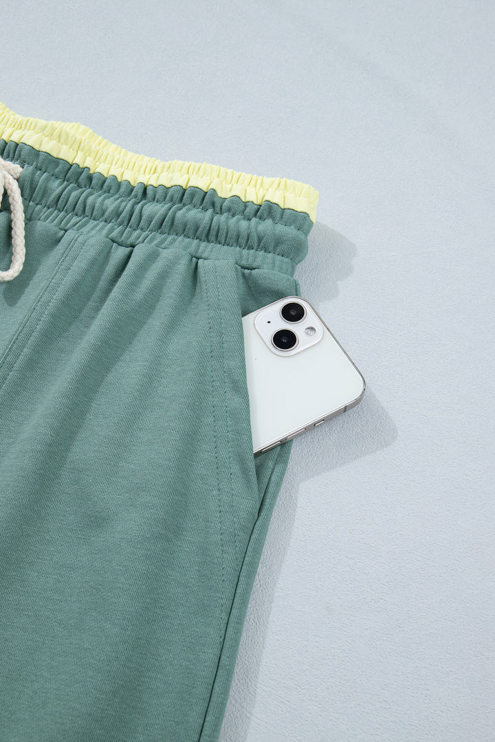 Sea Green Color Block Flower Patchwork Drawstring Contrasted Elastic Waist Wide Leg Pants